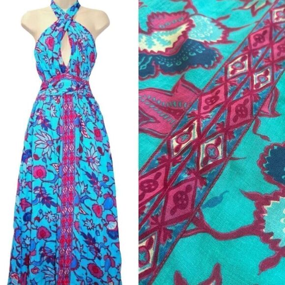 NWT Caroline Constas Criss Cross Halter Floral Maxi Cotton Dress Size M Turquois - Picture 1 of 6